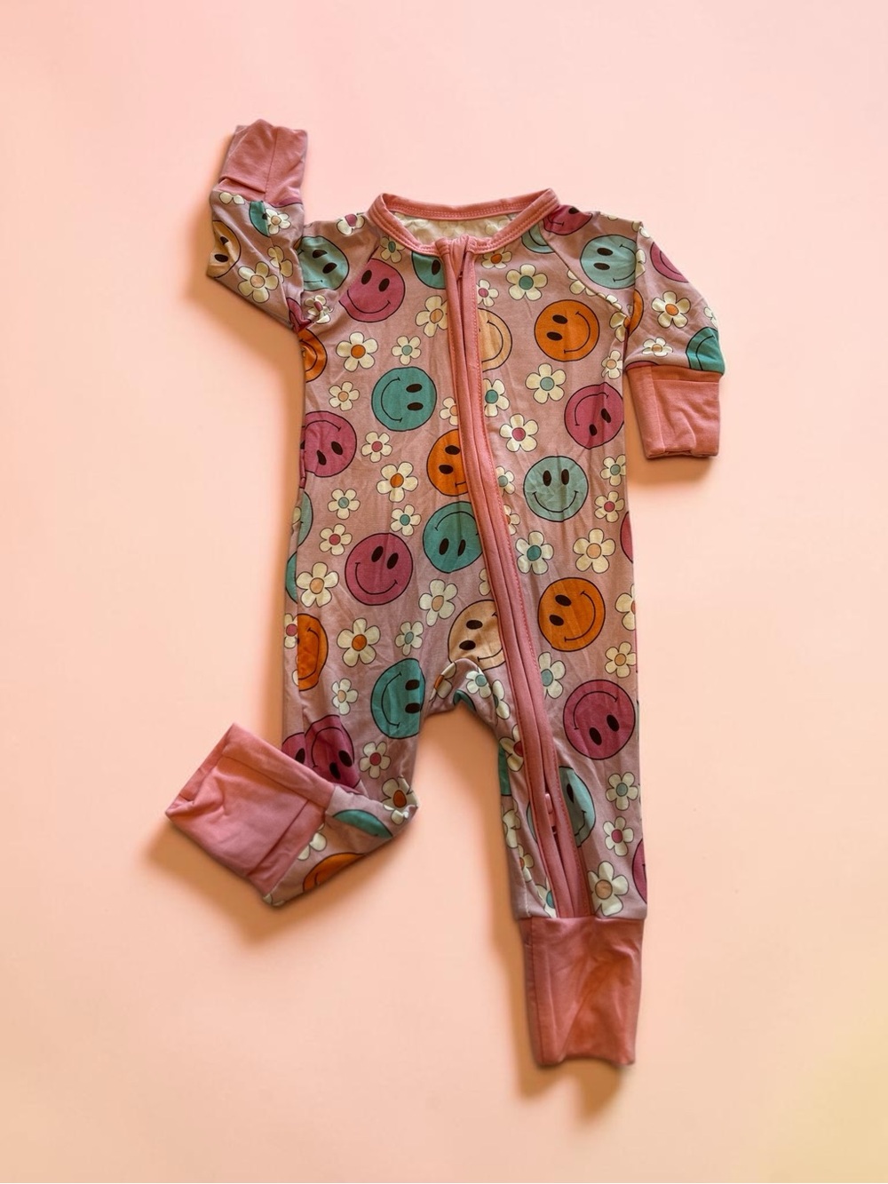 Pink Smiley & Daisy Bamboo Zip-Front One-Piece NWOT